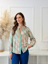 Blusa Floral Riscas Verde Água