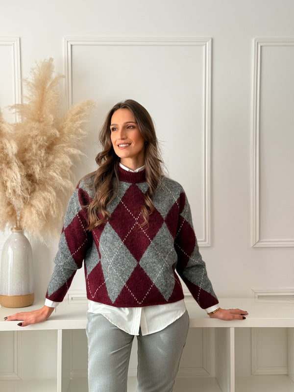 Malha Losangos Bordeaux e Cinza