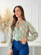 Blusa Floral Riscas Verde Água