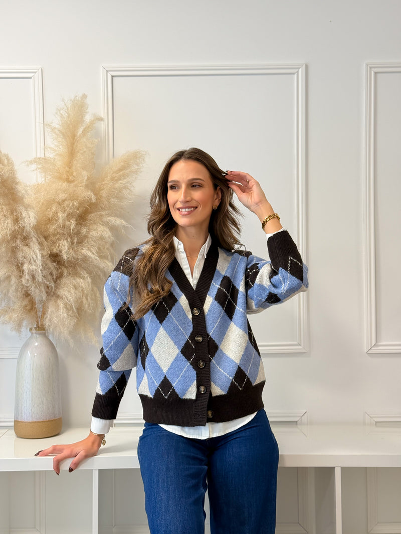 Cardigan Losangos Azul e Chocolate