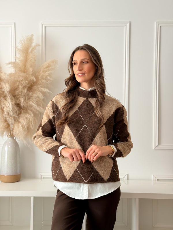 Malha Losangos Choco e Bege