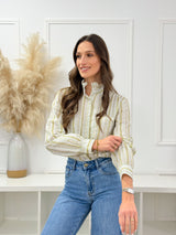 Camisa Floral Verde com Gola Franzida