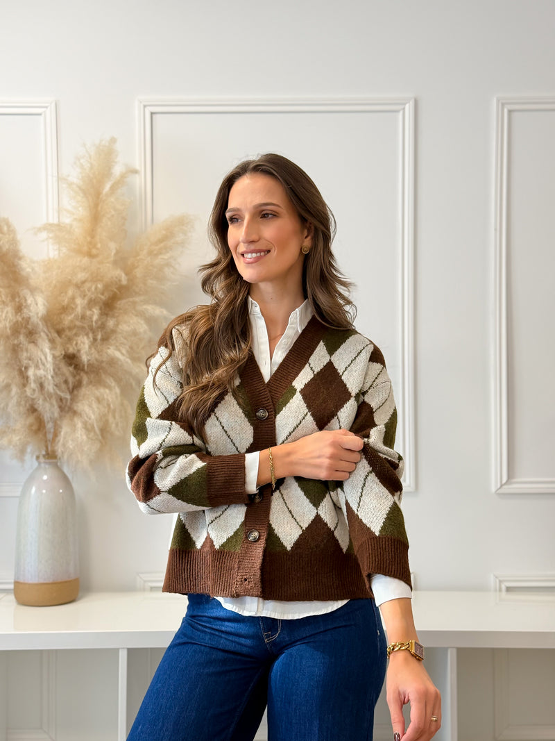 Cardigan Losangos Verde e Choco