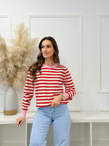 Malha Riscas Vermelha c/ Detalhe Rosa