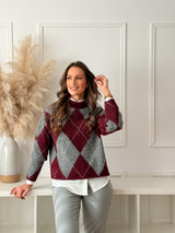 Malha Losangos Bordeaux e Cinza