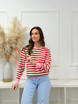 Malha Riscas Vermelha c/ Detalhe Rosa