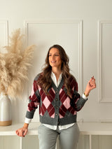 Cardigan Losangos Rosa e Bordeaux