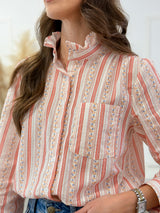 Camisa Floral Vermelha com Gola Franzida