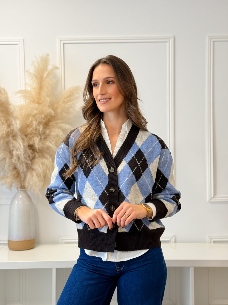 Cardigan Losangos Azul e Chocolate