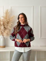 Malha Losangos Bordeaux e Cinza