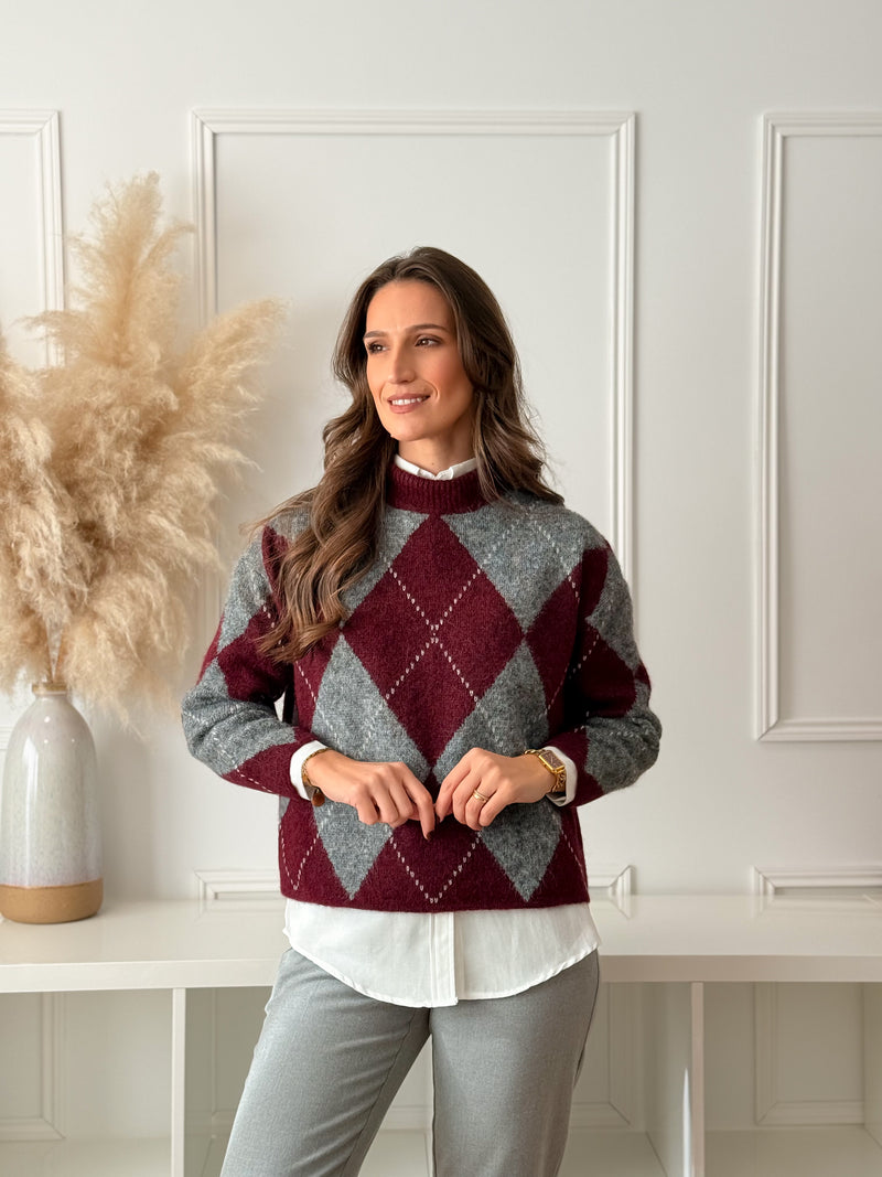 Malha Losangos Bordeaux e Cinza