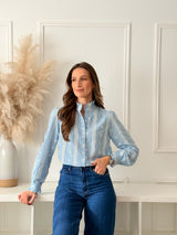 Blusa Azul c/ Bordado Branco