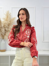 Blusa Bordada com Folhos – Terracota