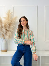 Blusa Floral Riscas Verde Água