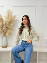 Camisa Floral Verde com Gola Franzida