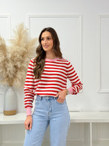 Malha Riscas Vermelha c/ Detalhe Rosa