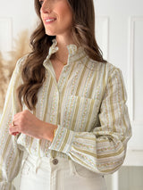 Camisa Floral Verde com Gola Franzida