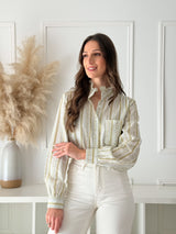 Camisa Floral Verde com Gola Franzida