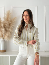 Camisa Floral Verde com Gola Franzida