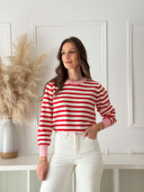 Malha Riscas Vermelha c/ Detalhe Rosa