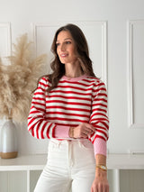 Malha Riscas Vermelha c/ Detalhe Rosa