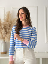 Malha Riscas Azul c/ Detalhe Rosa