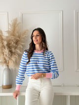 Malha Riscas Azul c/ Detalhe Rosa