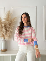 Malha Riscas Rosa c/ Detalhe Azul