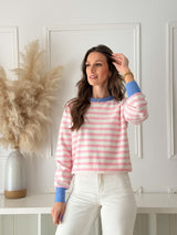 Malha Riscas Rosa c/ Detalhe Azul