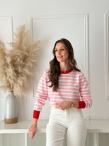 Malha Riscas Rosa c/ Detalhe Vermelho