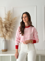 Malha Riscas Rosa c/ Detalhe Vermelho