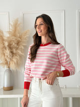 Malha Riscas Rosa c/ Detalhe Vermelho