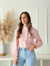 Blusa Floral Romântica com Folhos Rosa