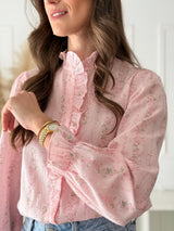 Blusa Floral Romântica com Folhos Rosa